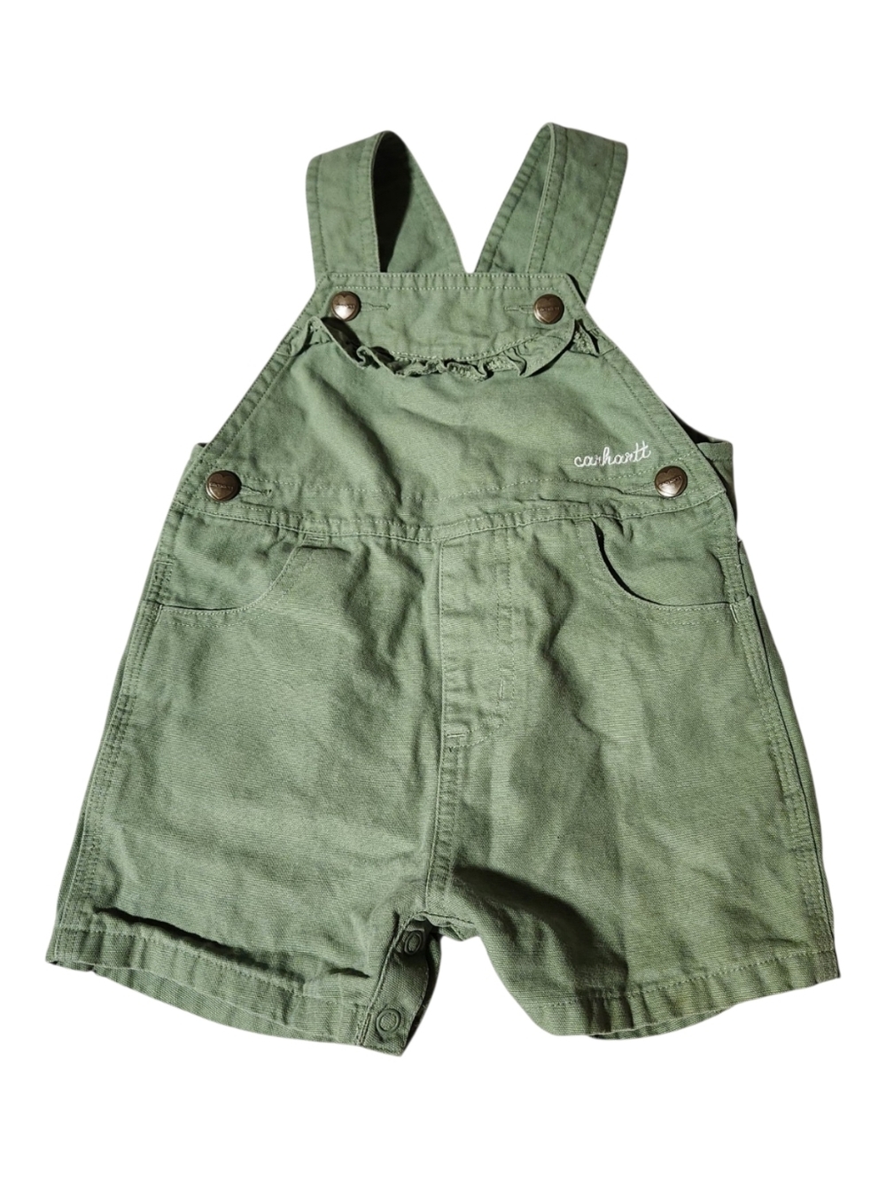 Carhartt Baby Girls Ruffle Canvas Shortalls Overalls 24 Months Toddler Green EUC